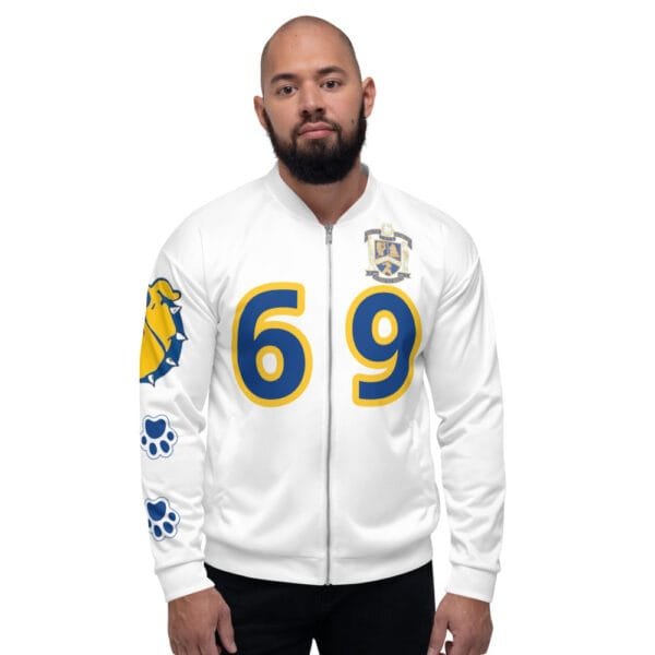 AEB69 WHITE Bomber Jacket (WBT - #BULLDOGS4LIFE)